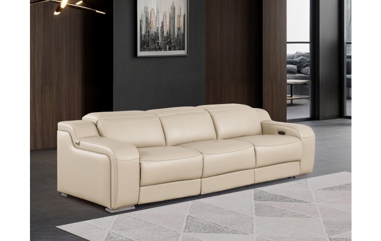 1116 DivanItalia Beige Top Grain Italian Leather Power Reclining Sofa with Dual Recliners and Power Headrests