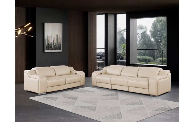 1116 DivanItalia Beige Modular Power Reclining Sofa and Loveseat Set – Top Grain Italian Leather with Power Headrests