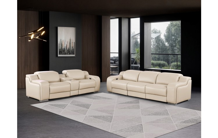 1116 DivanItalia Beige 6-Piece Modular Power Reclining Sofa and Loveseat Set with Power Headrests - Top Grain Italian Leather
