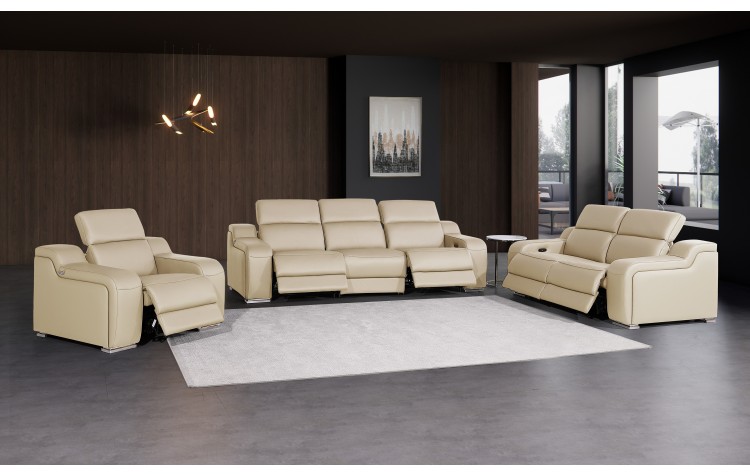 1116 DivanItalia Beige Modular Power Reclining Sofa, Loveseat, and Chair Set – Top Grain Italian Leather with Power Headrests