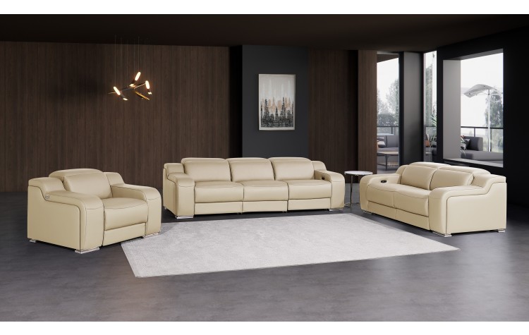 1116 DivanItalia Beige 6-Piece Modular Power Reclining Sofa, Loveseat, and Chair Set – 6 Recliners, Top Grain Italian Leather with Power Headrests