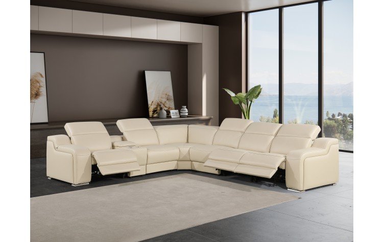 1116 - 7-PC Beige Italian Leather Sectional Sofa w/ 3 Power Recliners