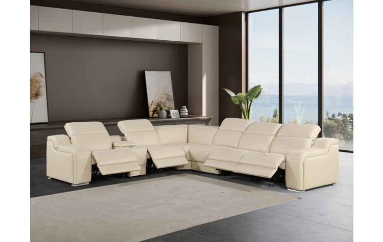 1116 - 7-PC Beige Italian Leather Sectional Sofa w/ 4 Power Recliners