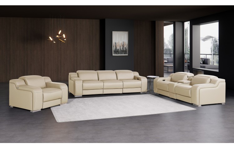 1116 DivanItalia Beige 7-Piece Modular Power Reclining Sofa, Loveseat, and Chair Set – 5 Recliners, Top Grain Italian Leather