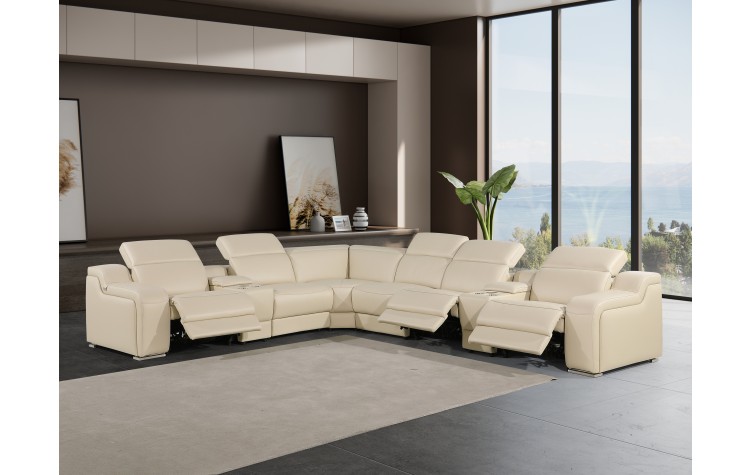 1116 - 8-PC Beige Italian Leather Sectional Sofa w/ 3 Power Recliners