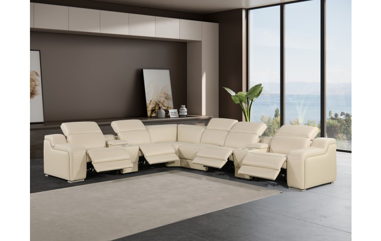 1116 - 8-PC Beige Italian Leather Sectional Sofa w/ 4 Power Recliners