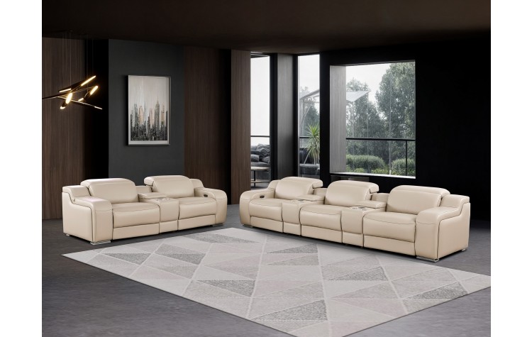 1116 DivanItalia Beige 8-Piece Modular Power Reclining Sofa Set with Power Headrests – Top Grain Italian Leather