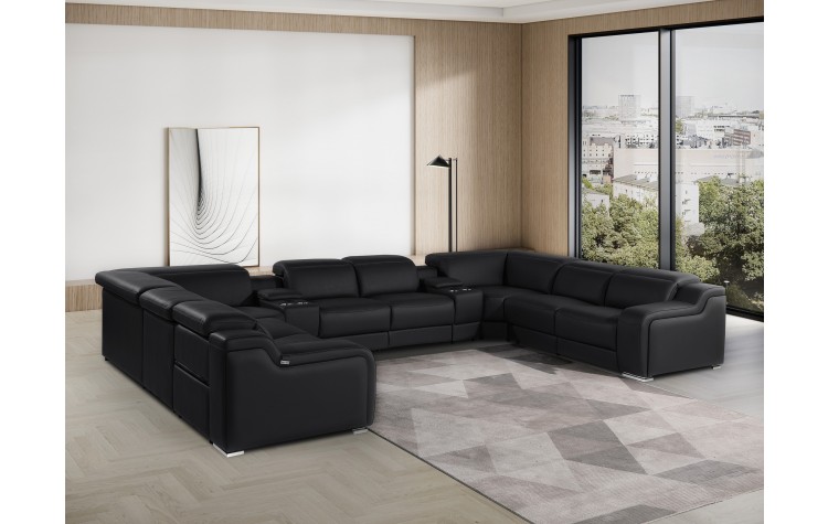 1116 DivanItalia Black 10-Piece Sectional with 4 Power Recliners and Power Headrests