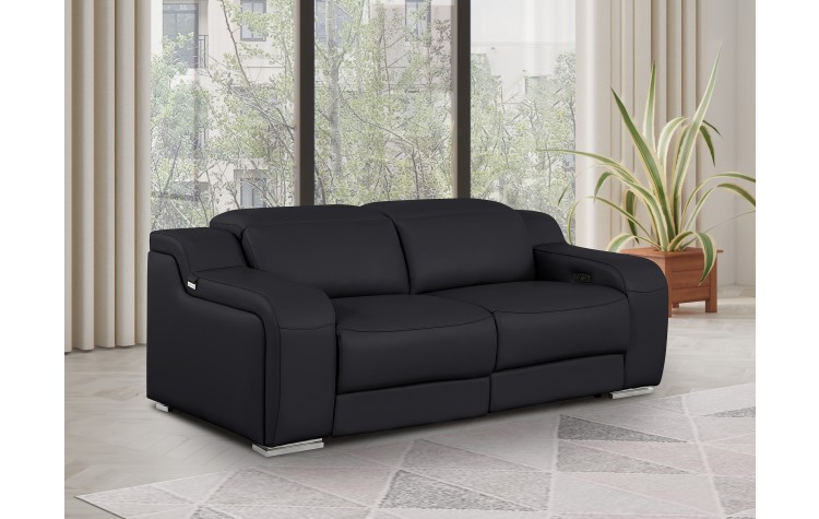1116 DivanItalia Black Top Grain Italian Leather Loveseat with Power Headrest