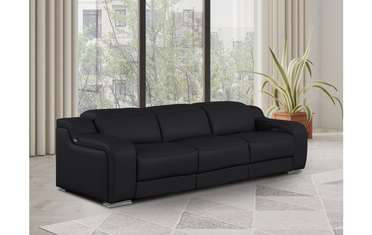 1116 DivanItalia Black Top Grain Italian Leather Power Reclining Sofa with Dual Recliners and Power Headrests