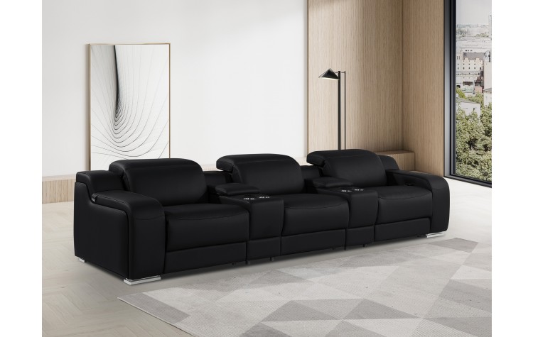 1116 DivanItalia Black 5-Piece Power Reclining Sofa with Power Headrest in Top Grain Italian Leather