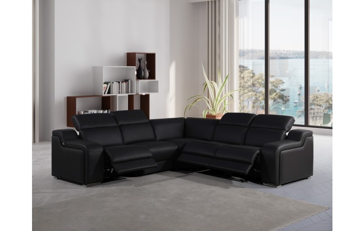 1116 DivanItalia Black Top-Grain Italian Leather 5-Piece Sectional with 3 Power Reclining Seats & Power Headrest