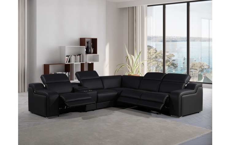 1116 DivanItalia Black Top-Grain Italian Leather 6-Piece Sectional with 3 Power Reclining Seats & Power Headrest