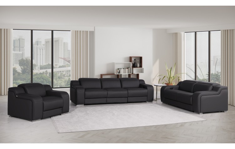 1116 DivanItalia Black Modular Power Reclining Sofa, Loveseat, and Chair Set – Top Grain Italian Leather with Power Headrests