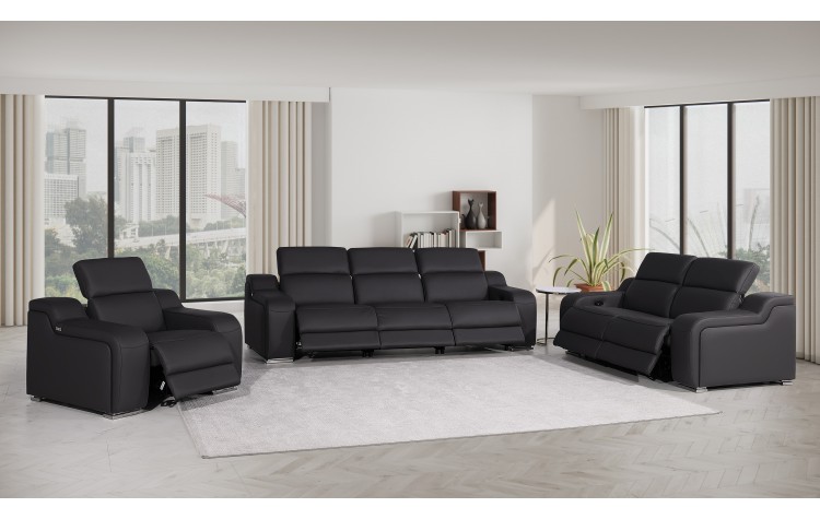 1116 DivanItalia Black 6-Piece Modular Power Reclining Sofa, Loveseat, and Chair Set – 6 Recliners, Top Grain Italian Leather with Power Headrests