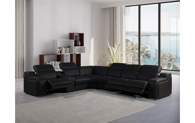 1116 DivanItalia Black Top-Grain Italian Leather 7-Piece Sectional with 3 Power Reclining Seats & Power Headrest