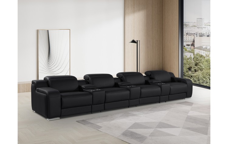 1116 DivanItalia Black 7-Piece Power Reclining Sofa with Power Headrest in Top Grain Italian Leather