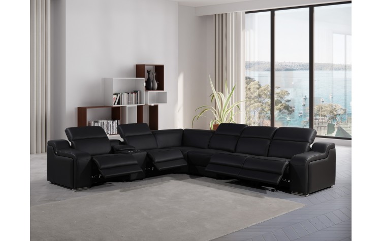 1116 DivanItalia Black Top-Grain Italian Leather 7-Piece Sectional with 4 Power Reclining Seats & Power Headrest
