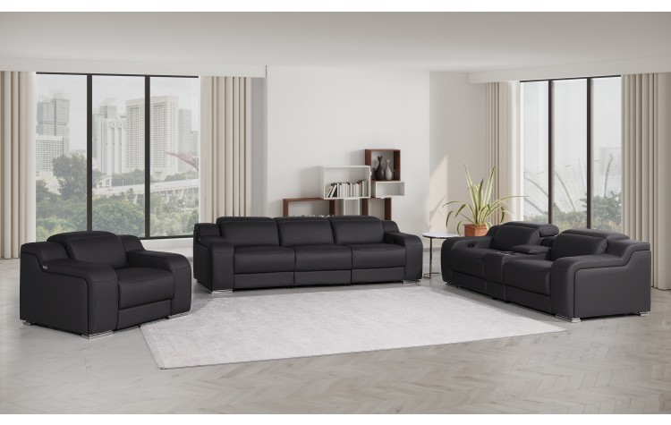 1116 DivanItalia Black 7-Piece Modular Power Reclining Sofa, Loveseat, and Chair Set – 6 Recliners, Top Grain Italian Leather