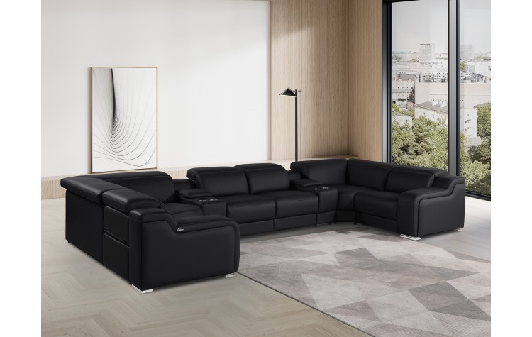 1116 DivanItalia Black 8-Piece Sectional with 2 Power Recliners and Power Headrests
