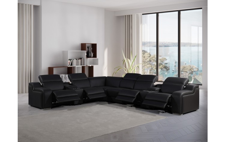 1116 DivanItalia Black Top-Grain Italian Leather 8-Piece Sectional with 4 Power Reclining Seats & Power Headrest