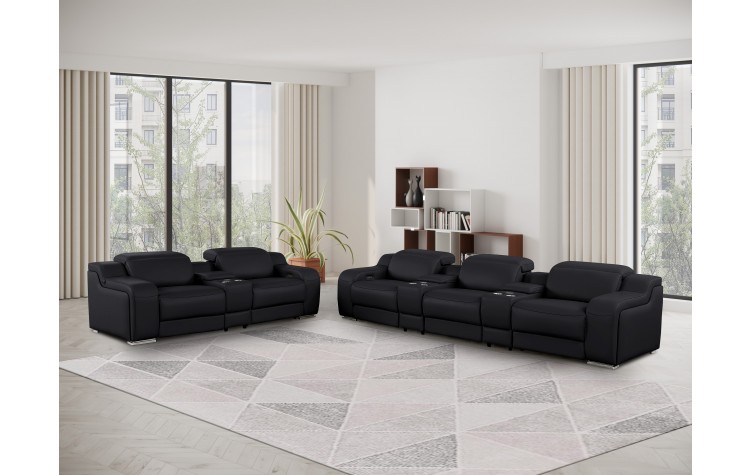 1116 DivanItalia Black 8-Piece Modular Power Reclining Sofa Set with Power Headrests – Top Grain Italian Leather