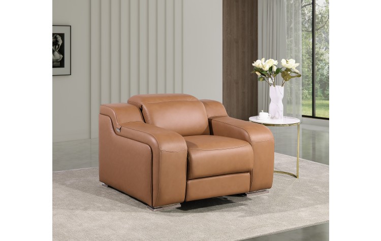 1116 DivanItalia Cognac Top Grain Italian Leather Power Reclining Chair with Power Headrests