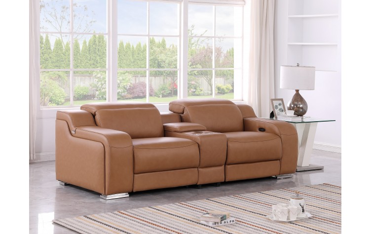 1116 DivanItalia Cognac Modular Power Reclining Loveseat with Power Headrest