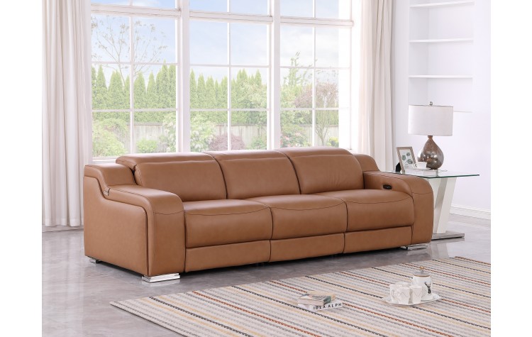 1116 DivanItalia Cognac Top Grain Italian Leather Power Reclining Sofa with Dual Recliners and Power Headrests