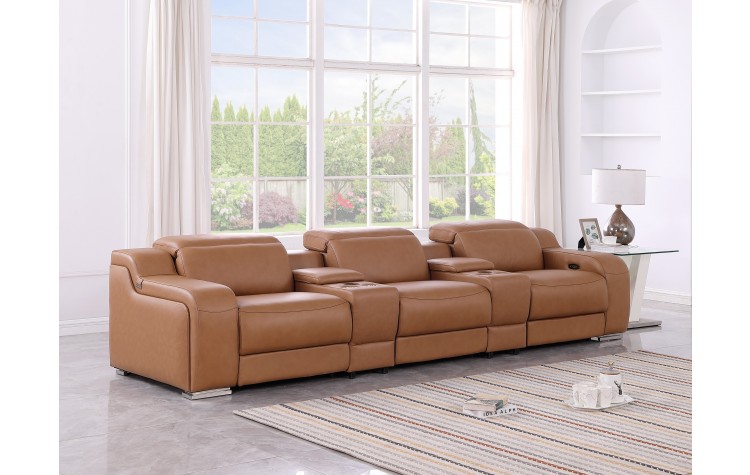 1116 DivanItalia Cognac 5-Piece Power Reclining Sofa with Power Headrest in Top Grain Italian Leather
