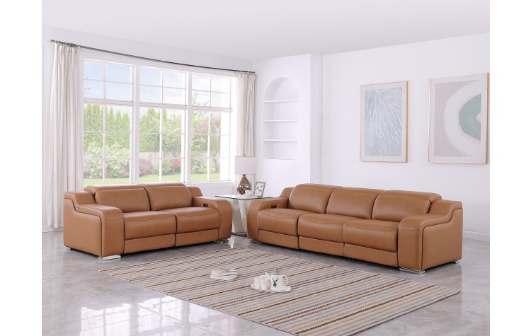 1116 DivanItalia Cognac Modular Power Reclining Sofa and Loveseat Set – Top Grain Italian Leather with Power Headrests