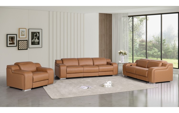 1116 DivanItalia Cognac 6-Piece Modular Power Reclining Sofa, Loveseat, and Chair Set – 6 Recliners, Top Grain Italian Leather with Power Headrests