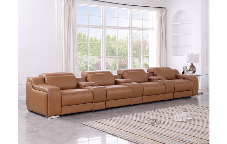 1116 DivanItalia Cognac 7-Piece Power Reclining Sofa with Power Headrest in Top Grain Italian Leather