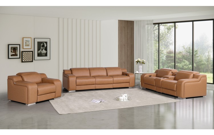 1116 DivanItalia Cognac 7-Piece Modular Power Reclining Sofa, Loveseat, and Chair Set – 6 Recliners, Top Grain Italian Leather