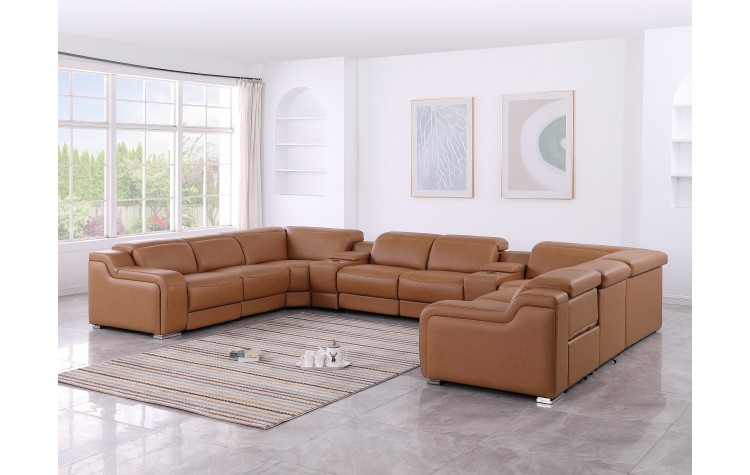 1116 DivanItalia Cognac 10-Piece Sectional with 4 Power Recliners and Power Headrests