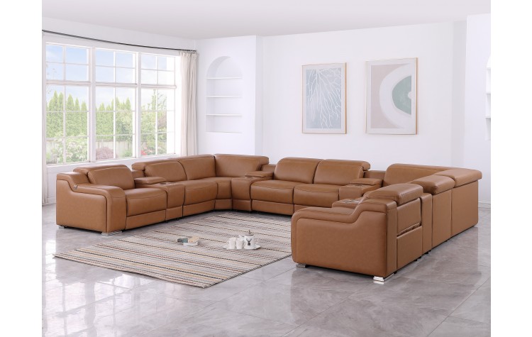 1116 DivanItalia Cognac 12-Piece Sectional with 4 Power Recliners and Power Headrests