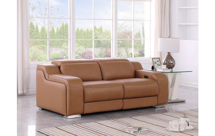 1116 DivanItalia Cognac Top Grain Italian Leather Loveseat with Power Headrest