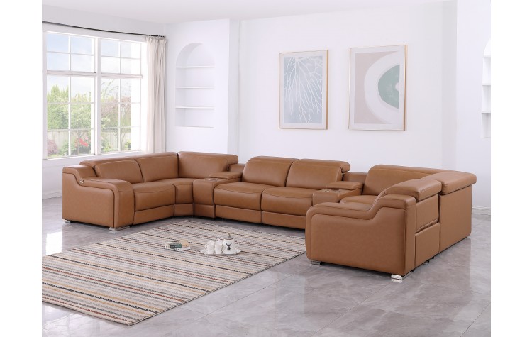 1116 DivanItalia Cognac 8-Piece Sectional with 2 Power Recliners and Power Headrests