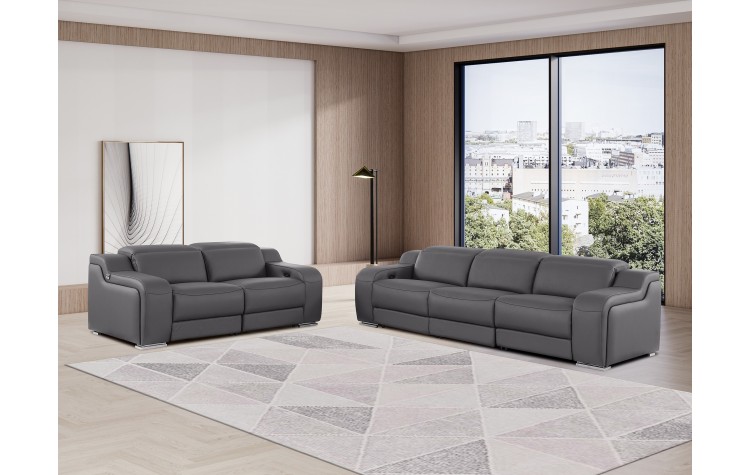 1116 DivanItalia Dark Grey Modular Power Reclining Sofa and Loveseat Set – Top Grain Italian Leather with Power Headrests