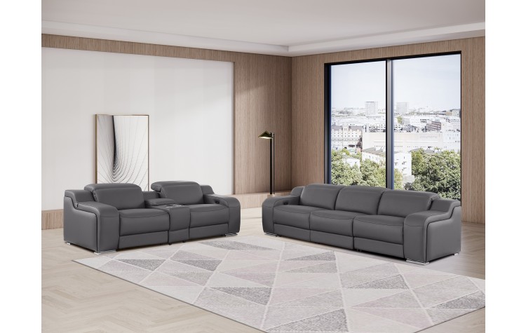 1116 DivanItalia Dark Gray 6-Piece Modular Power Reclining Sofa and Loveseat Set with Power Headrests - Top Grain Italian Leather