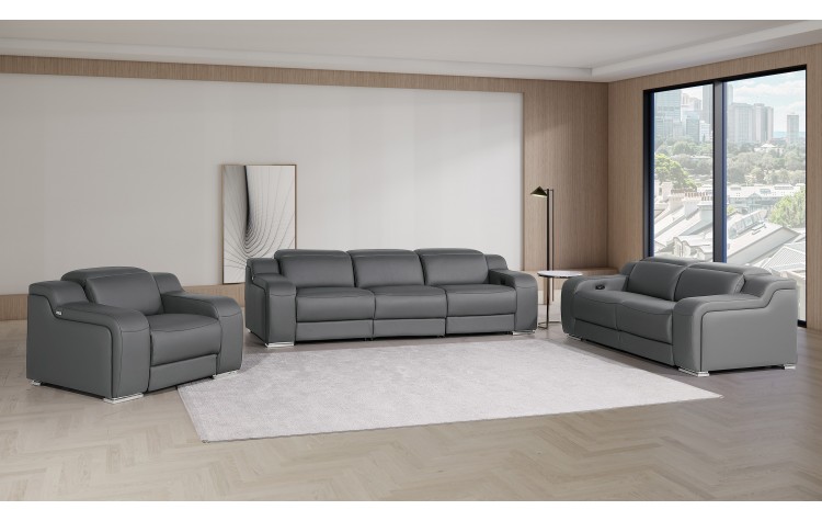 1116 DivanItalia Dark Grey 6-Piece Modular Power Reclining Sofa, Loveseat, and Chair Set – 6 Recliners, Top Grain Italian Leather with Power Headrests
