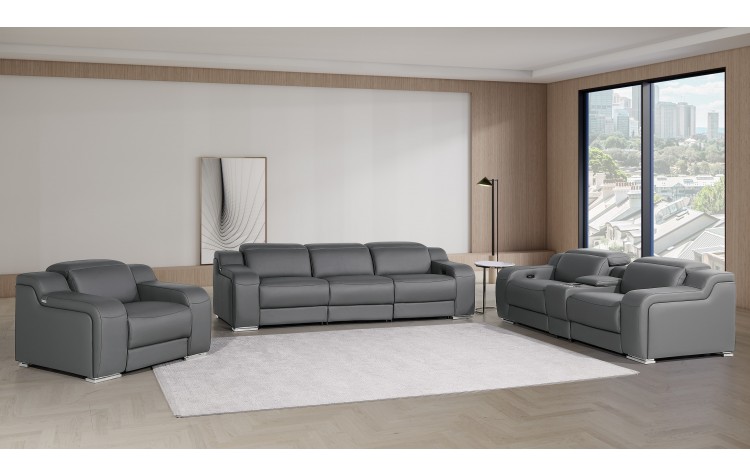 1116 DivanItalia Dark Grey 7-Piece Modular Power Reclining Sofa, Loveseat, and Chair Set – 6 Recliners, Top Grain Italian Leather