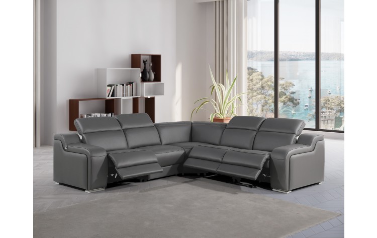 1116 - 5-PC Dark Gray  Italian Leather Sectional Sofa w/ 3 Power Recliners