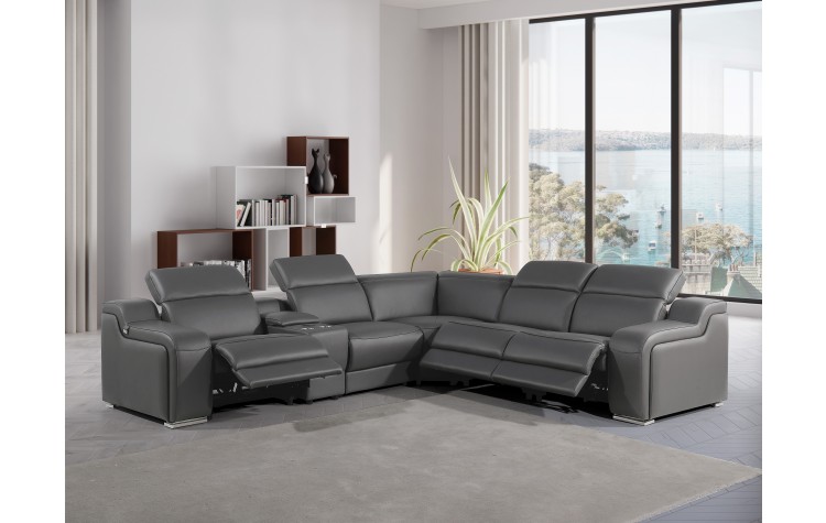 1116 - 6-PC Dark Gray Italian Leather Sectional Sofa w/ 3 Power Recliners