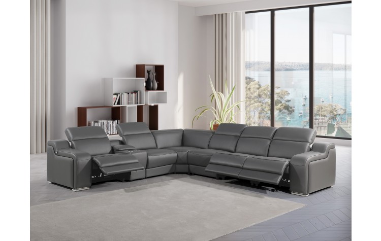 1116 - 7-PC Dark Gray Italian Leather Sectional Sofa w/ 3 Power Recliners
