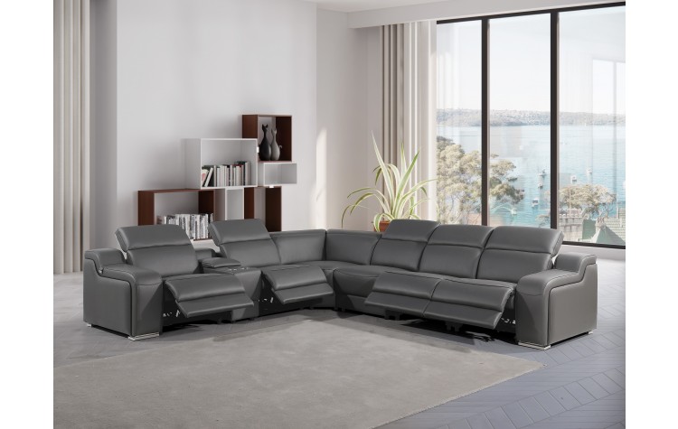 1116 - 7-PC Dark Gray Italian Leather Sectional Sofa w/ 4 Power Recliners