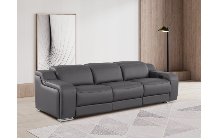 1116 DivanItalia Dark Grey Top Grain Italian Leather Power Reclining Sofa with Dual Recliners and Power Headrests