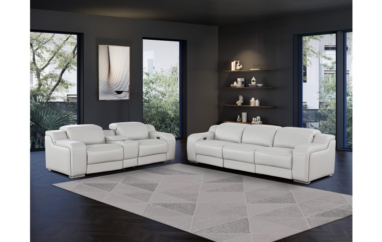 1116 DivanItalia Light Gray 6-Piece Modular Power Reclining Sofa and Loveseat Set with Power Headrests - Top Grain Italian Leather