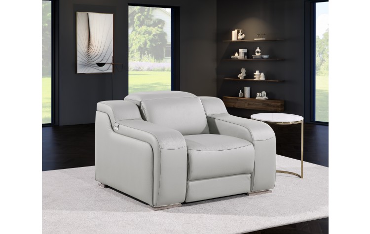 1116 DivanItalia Light Grey Top Grain Italian Leather Power Reclining Chair with Power Headrests