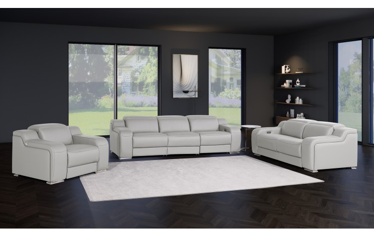 1116 DivanItalia LIght Grey Modular Power Reclining Sofa, Loveseat, and Chair Set – Top Grain Italian Leather with Power Headrests